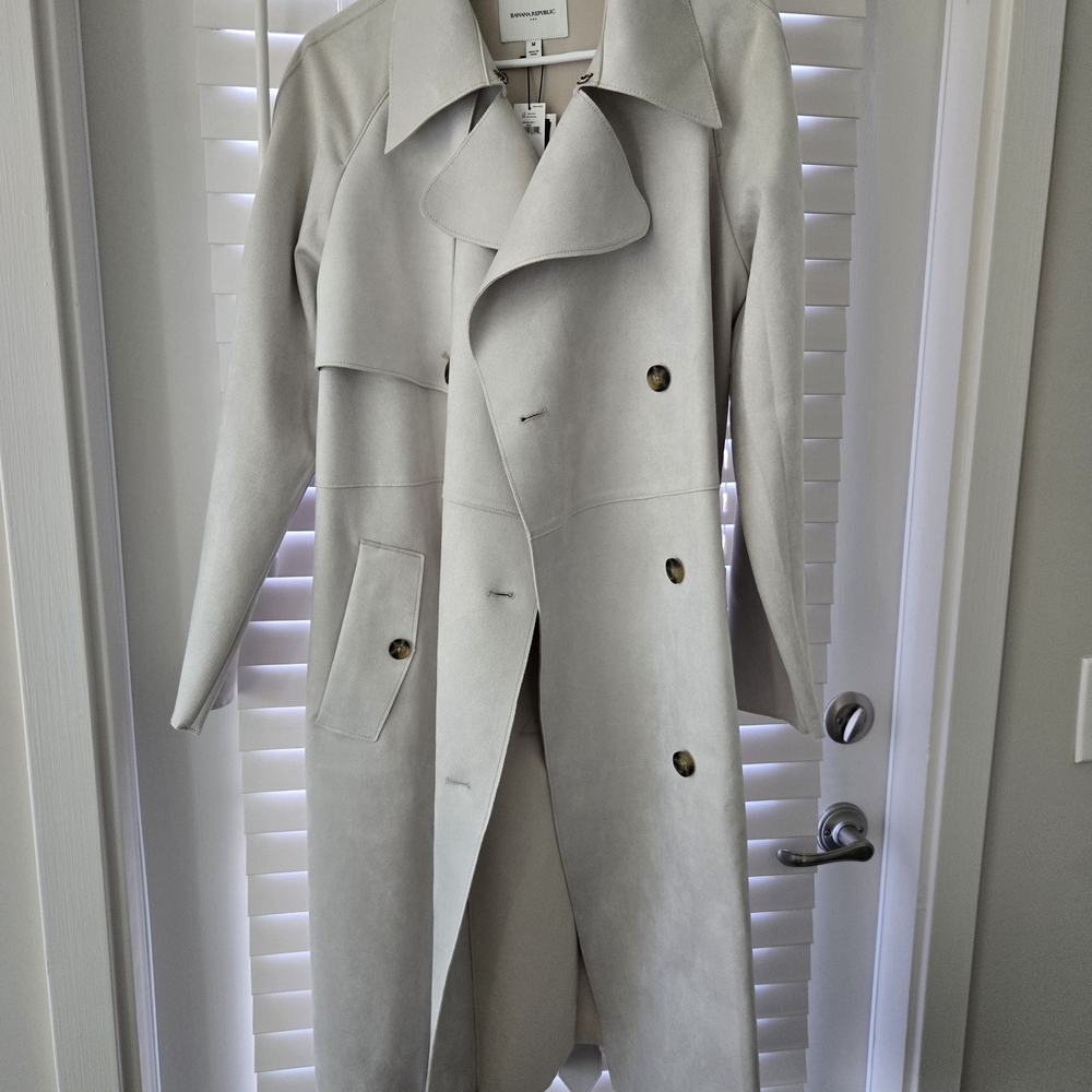 Elegant Off White/light Gray Suede Women's Trench Coat